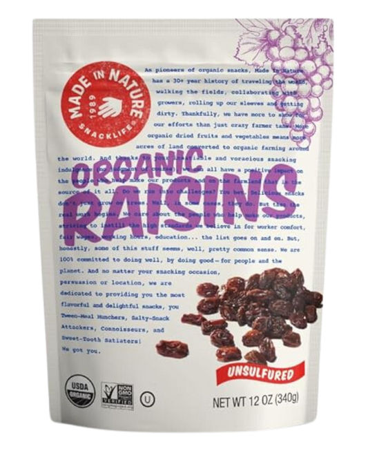 MADE IN NATURE ORGANIC DRIED RAISINS - 3oz