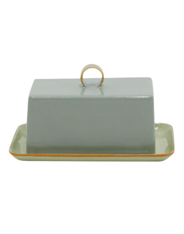 ENAMEL BUTTER DISH - SEAFOAM GREEN WITH YELLOW EDGES *SEE NOTES*